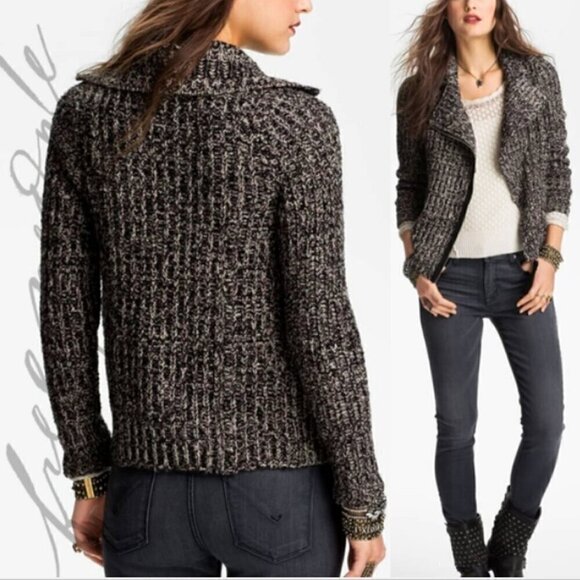 Free People Salt & Pepper Zip Moto Jacket Sweater Size L - Picture 2 of 7